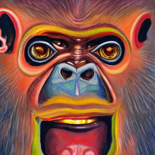 Image similar to portre of an autistic demonic chimpanzee on acid, masonic and kabalistic symbols in background, oil painting