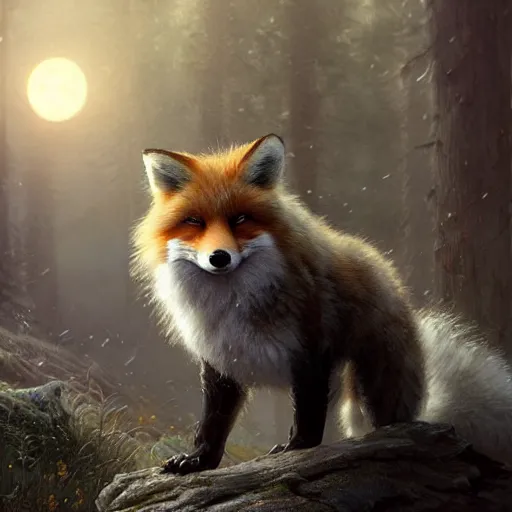 Image similar to close-up anthropomorphic fluffy fox, night, moonlight, mist, unreal engine, octane render, dramatic lighting, digital art, by Stanley Artgerm Lau, greg rutkowski, thomas kindkade, alphonse mucha, loish, norman Rockwell,