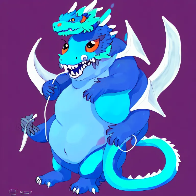 Prompt: a chubby anthropomorphic male blue dragon fursona, headphones on his head, cute, furry, beautiful, soft colors, oil on canvas, digital art, soft lighting