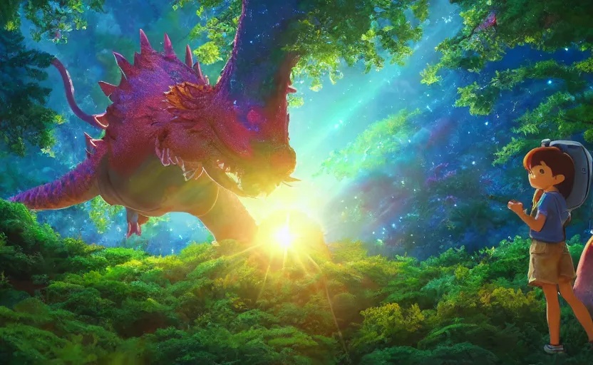 Image similar to a still of a cute adorable tiny astronaut, on a planet of lush colorful foliage, with an enormous kaiju dragon surrounding the full background, magical forest, sharp focus, neon backlit, highly detailed, disney pixar studio ghibli makoto shinkai, digital painting, matte, octane render, global illumination, iridescent, anime, 8 k concept art