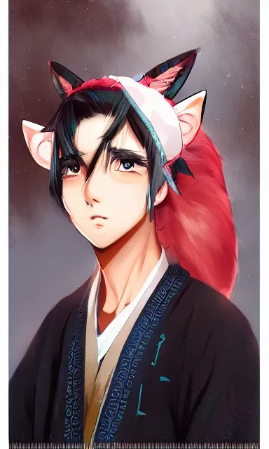 Prompt: A realistic anime portrait of a handsome young man with fox ears wearing a kimono, digital painting, by WLOP and Rossdraws, digtial painting, trending on ArtStation, deviantart