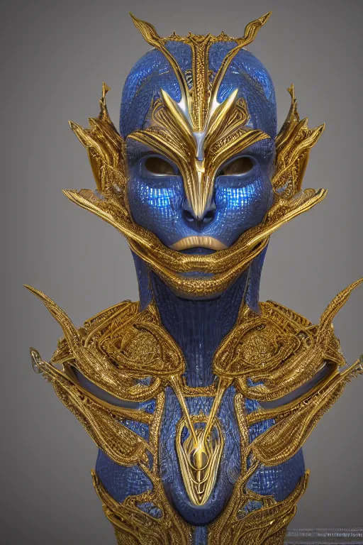 Prompt: symmetric hyper realistic elegant alien portrait, blue metallic skin, jewelry intricate details, unreal engine5, octane, with a gold filigree mask
