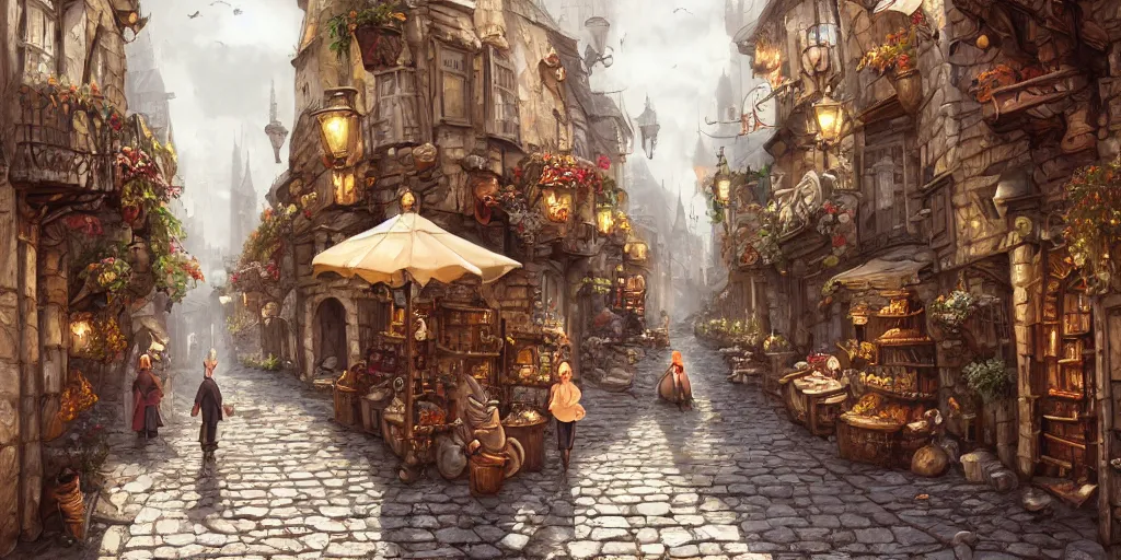 Prompt: a busy fantasy street within a fascinating old city, quirky shops, narrow streets, old buildings, cobblestones on the ground, stone steps, street life, by Sylvain Sarrailh, single street, cinematic, simple but effective composition, clean lines, beautiful digital painting, oil painting, detailed, dungeons and dragons, lord of the rings