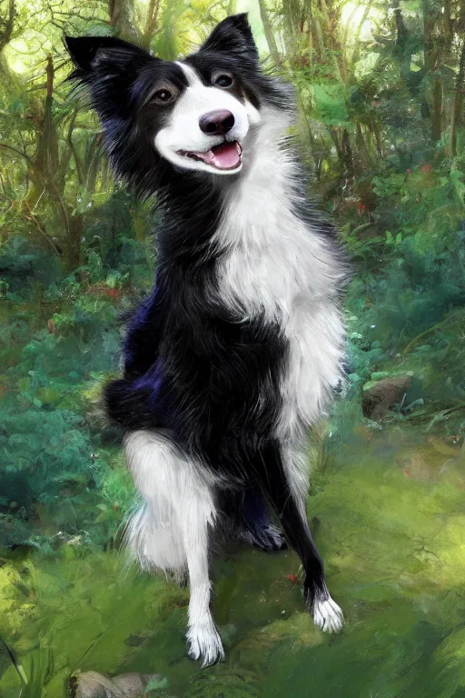 Prompt: portrait of a cute male anthropomorphic border collie fursona wearing a suit in a sunny glade. by henry asencio, jon foster, and ross tran. scenic background, highly detailed, concept art, furry, glamor pose, elegant, aesthetic, beautiful, trending on artstation, top rated on furaffinity and deviantart