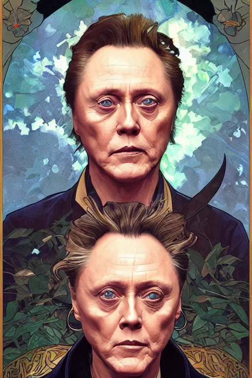Prompt: portrait of christopher walken with an face tattoo, masterpiece painting by artgerm and greg rutkowski and alphonse mucha and android jones