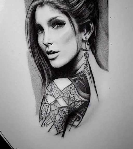 Image similar to tattoo design sketch of a beautiful girl with a faded mountain background, in the style of den yakovlev, black and white, realism tattoo, hyper realistic, highly detailed