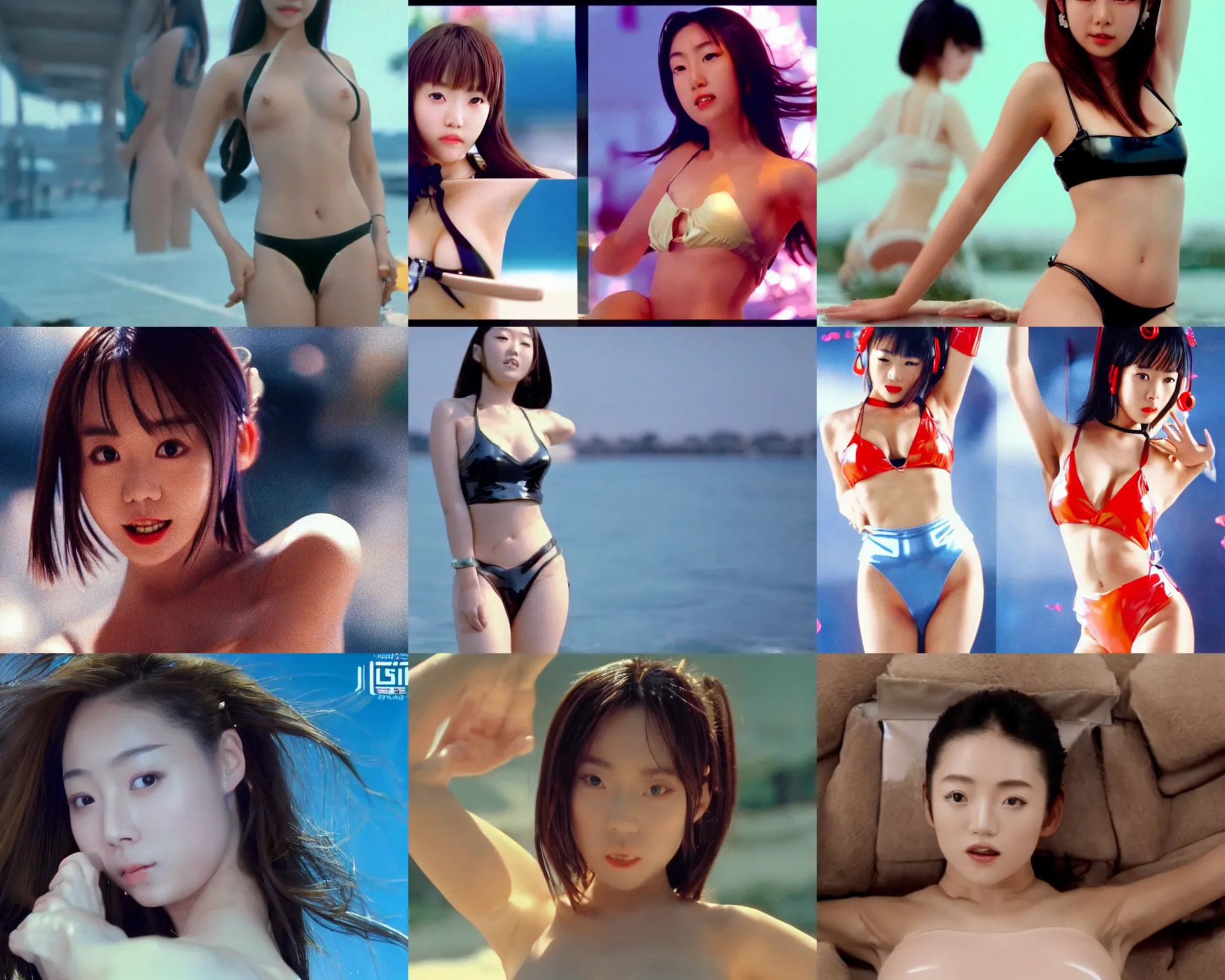 Prompt: Worksafe.1990s,unbelievably beautiful,perfect,dynamic,epic,cinematic 8K HD movie shot of a semi-close-up japanese beautiful cute young J-Pop idol actress girl wearing latex bikini,she express joy and posing.By a Chinese movie director.Motion,VFX,Inspirational arthouse,high budget,hollywood style,at Behance,at Netflix,with Instagram filters,Photoshop,Adobe Lightroom,Adobe After Effects,taken with polaroid kodak portra