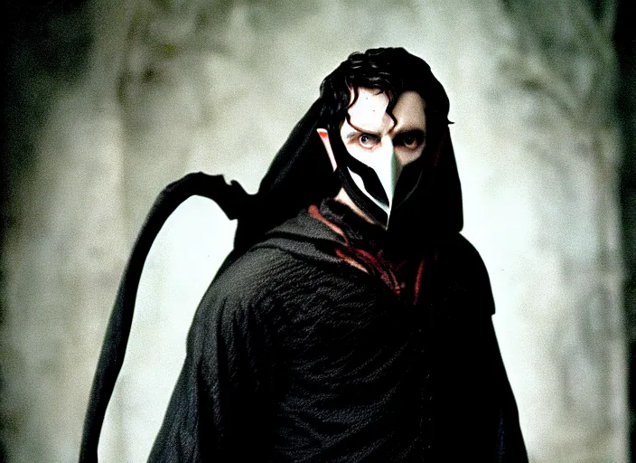 Image similar to white man with black fabric mask, short dark hair, true anatomy!, photorealistic, film still, style of lord of the ring by peter jackson - h 7 6 8