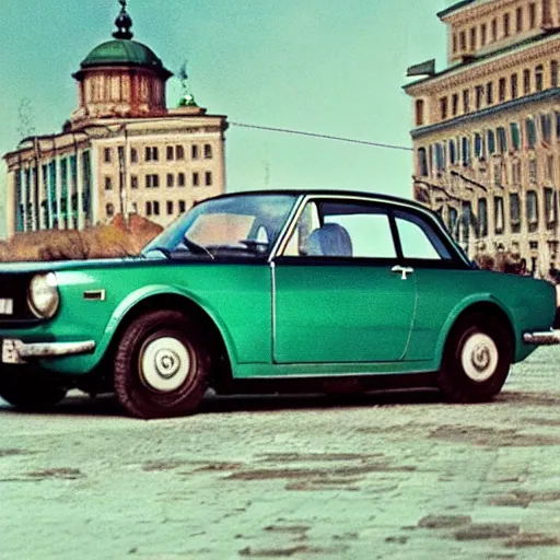 Image similar to fiat 124 berlina in soviet city. Film poster. Epic cinematic