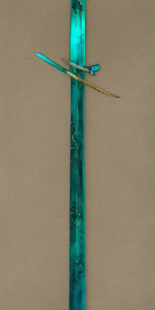 Image similar to photograph of a large green and teal crystal sword with a gold sword hilt