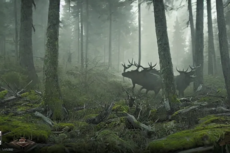 Image similar to vfx movie closeup detailed ancient warrior orc hunting elk in the forest, natural lighting by emmanuel lubezki