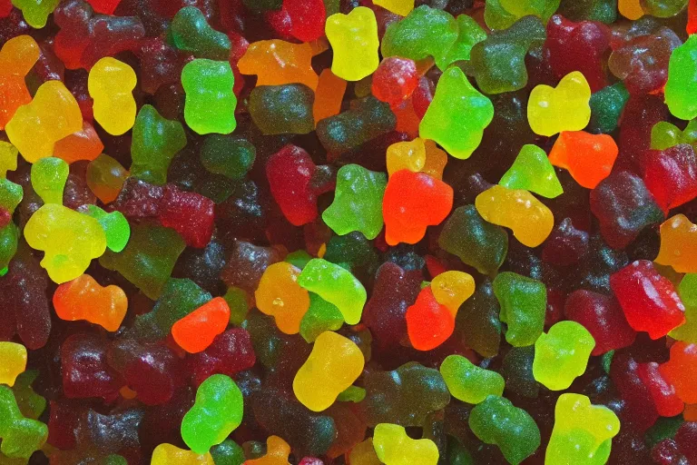 Image similar to wild gummy bears, nature photography, national geographic, cinematic lighting
