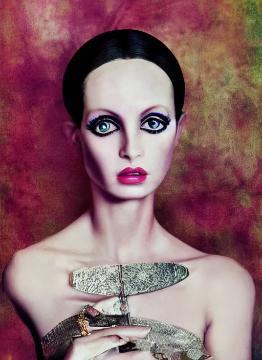 Image similar to italian vogue 6 0 s vintage cover portrait of a female model, twiggy, and strong eye make up by steven meisel, 8 k, octane render, ultra sharp hyper detailed digital art