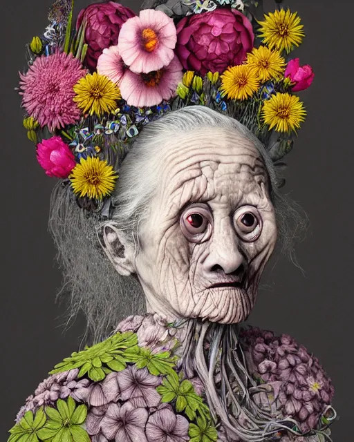 Prompt: a portrait of a surprised, fleshy old woman covered in flowers in the style of guiseppe arcimboldo and james jean, covered in wispy gray hair with a hint of neon, hd 3 d, 8 k