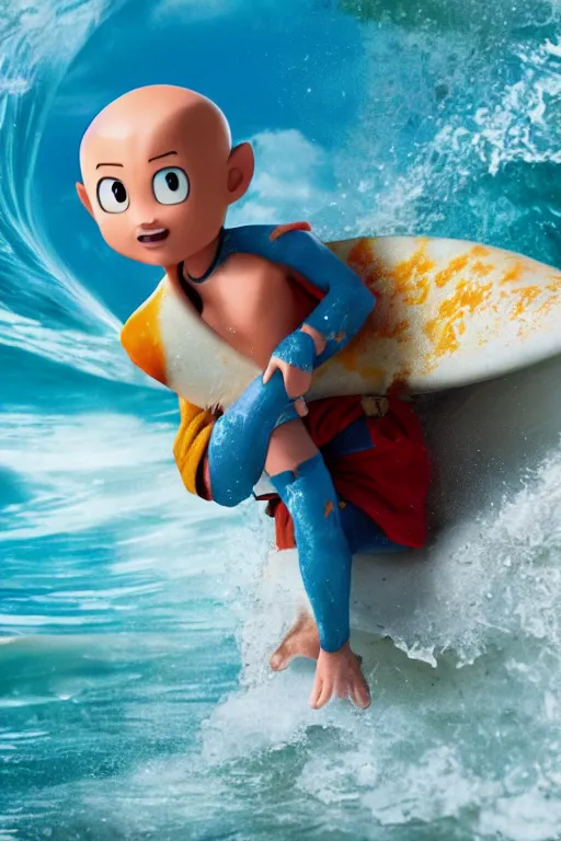 Image similar to close up still shot of young aang surfing on an elephant koi fish, from the live action movie the last airbender, 3 5 mm, highly detailed, dynamic lighting