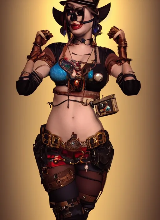 Image similar to steampunk portrait of harley quinn as a belly dancer, au naturel, hyper detailed, digital art, trending in artstation, cinematic lighting, studio quality, smooth render, unreal engine 5 rendered, octane rendered, art style by klimt and nixeu and ian sprigger and wlop and krenz cushart.