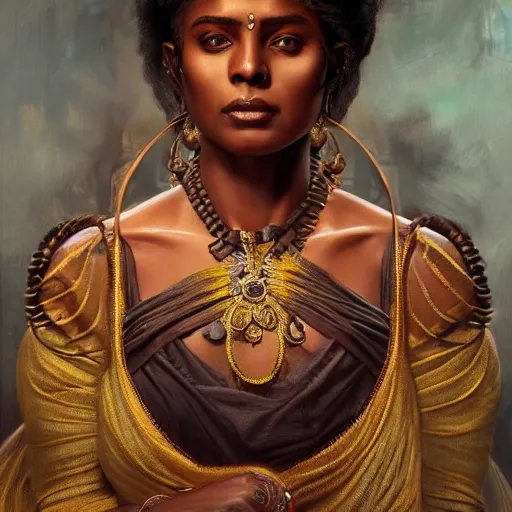 Image similar to portrait painting of a black muscular south indian woman, sari, ultra realistic, concept art, intricate details, eerie, horror, highly detailed, photorealistic, octane render, 8 k, unreal engine. art by artgerm and greg rutkowski and alphonse mucha