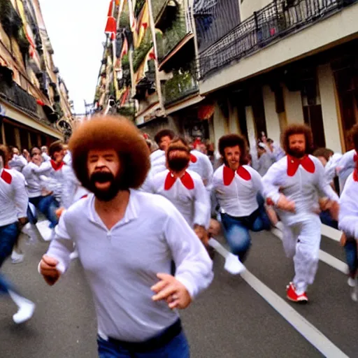 Image similar to the running of the screaming bob ross in pamplona spain