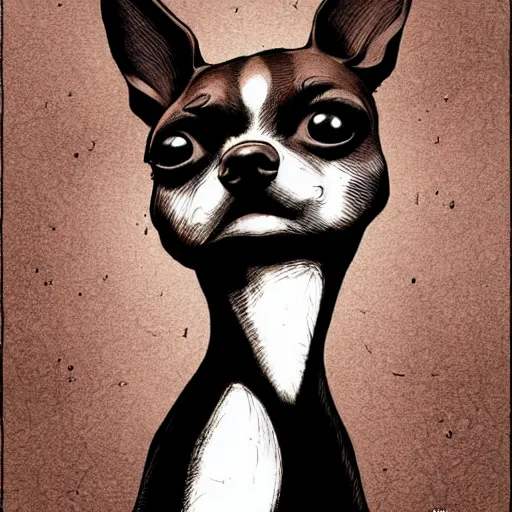 Image similar to a dark brown chihuahua, hyper detailed, in the style of junji ito and berserk, selfie shot straight on angle