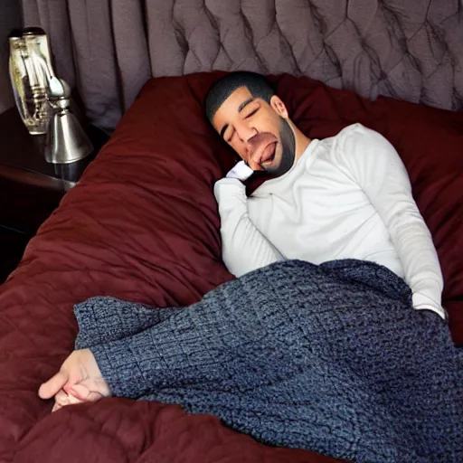 Prompt: drake tucked in bed sleeping wistfully