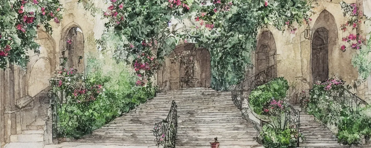 Image similar to flower, courtyard walkway, fountain, castle, stairway, chairs, wrought iron, gate, tree, delicate, botanic garden, road, botanical herbarium paper, watercolor colored painting, iridescent colors, 8 k, realistic shaded, fine details, artstation, italian style, colonnade