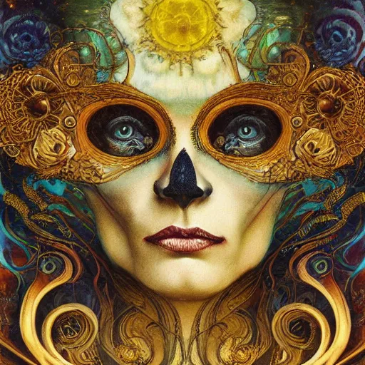 Image similar to Memento Mori by Karol Bak, Jean Deville, Gustav Klimt, and Vincent Van Gogh, beautiful visionary mystical portrait, calavera, otherworldly, fractal structures, ornate gilded medieval icon, third eye, spirals, jeweled calavera