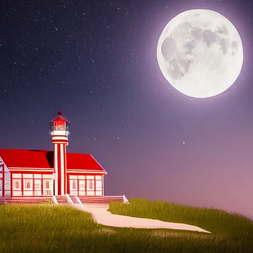 Image similar to A red and white striped lighthouse shining out onto the sea; a white house with a red roof with the lights on inside; thin dark trees behind; nighttime with stars behind; full moon;Octane 8K Rendering,