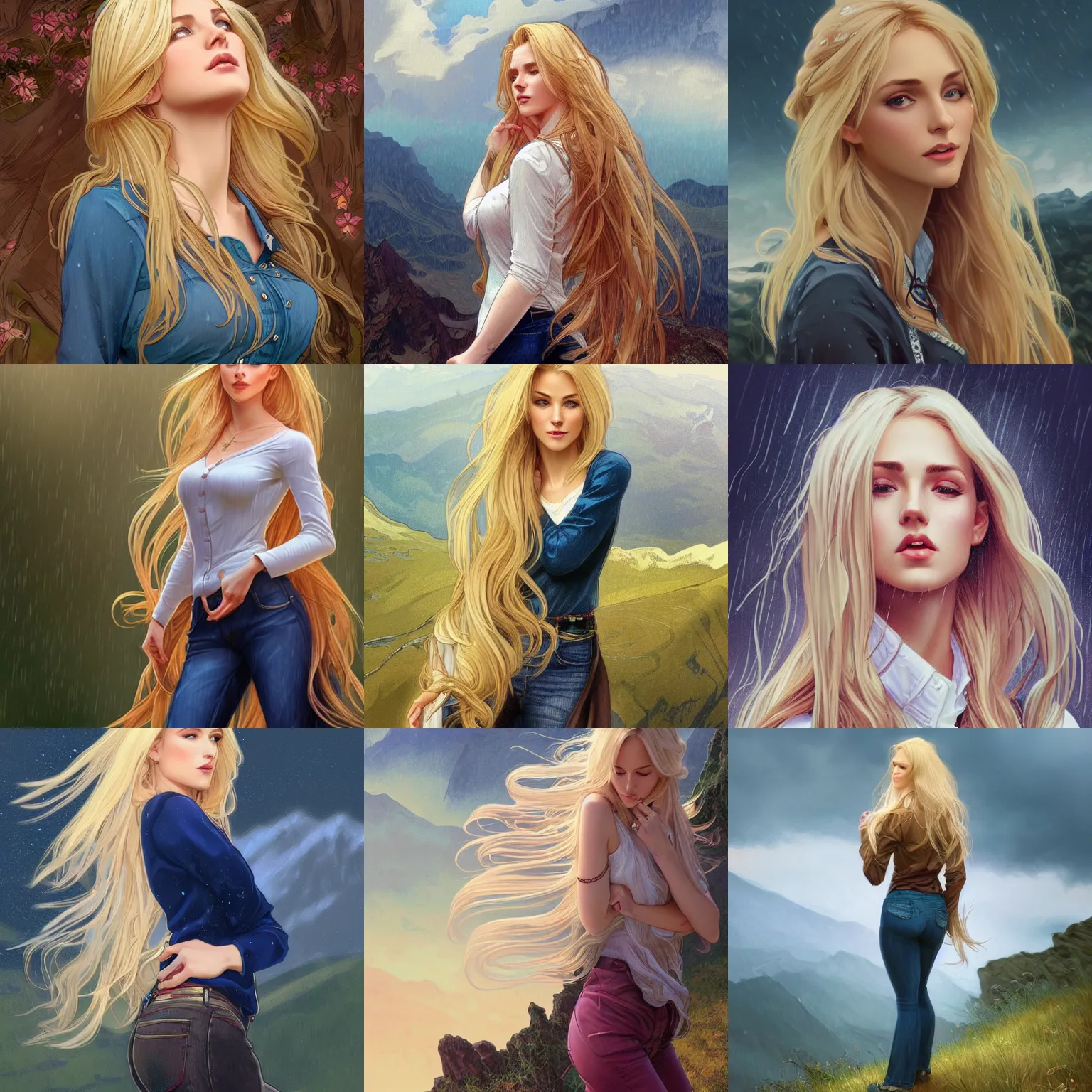 Image similar to a gorgeous woman with long light-blonde hair wearing a blouse and jeans, standing in the rain on top of a mountain, highly detailed, digital painting, artstation, concept art, sharp focus, illustration, art by artgerm and alphonse mucha