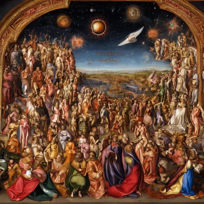 Image similar to the cosmic event at which the unity and the trinity ruptured, creating the false christian god, 16th century painting, unreal engine