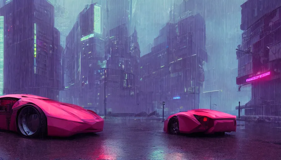 Image similar to a picture of a car in the rain, cyberpunk art by fyodor vasilyev, zbrush central contest winner, cubo - futurism, synthwave, darksynth, retrowave