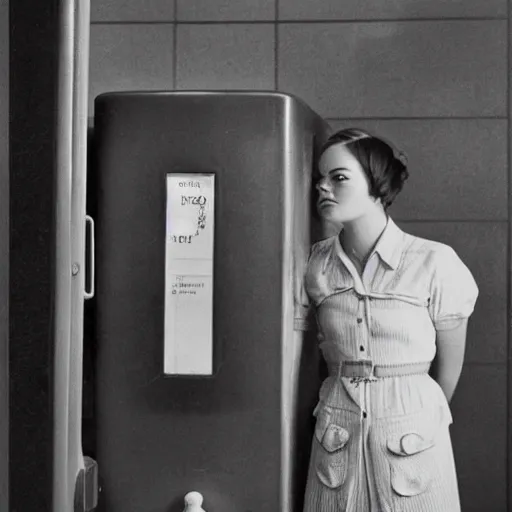 Image similar to emma stone in soviet public toilet, sharp focus, detailed, art by grant wood