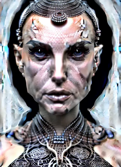 Image similar to bust of an absurdly beautiful, graceful, sophisticated, fashionable futuristic woman, facial piercings, natalie portman, heavy body modification, implants, prosthetics, hyperdetailed by popovy sisters, intricate linework, white porcelain skin, faberge, intricate chrome headdress, dark atmosphere, unreal engine 5 highly rendered, global illumination, radiant light, detailed and intricate environment