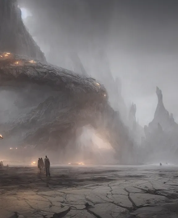 Image similar to surreal epic, masterpiece, romantic prometheus horizontal white exploration base, ochre ancient palette, building architecture by ruan jia, futuristic, blame, white architecture in the beach in iceland, foggy, highly detailed, digital painting, arstation, concept art, hyperealistic octane render, unreal engine