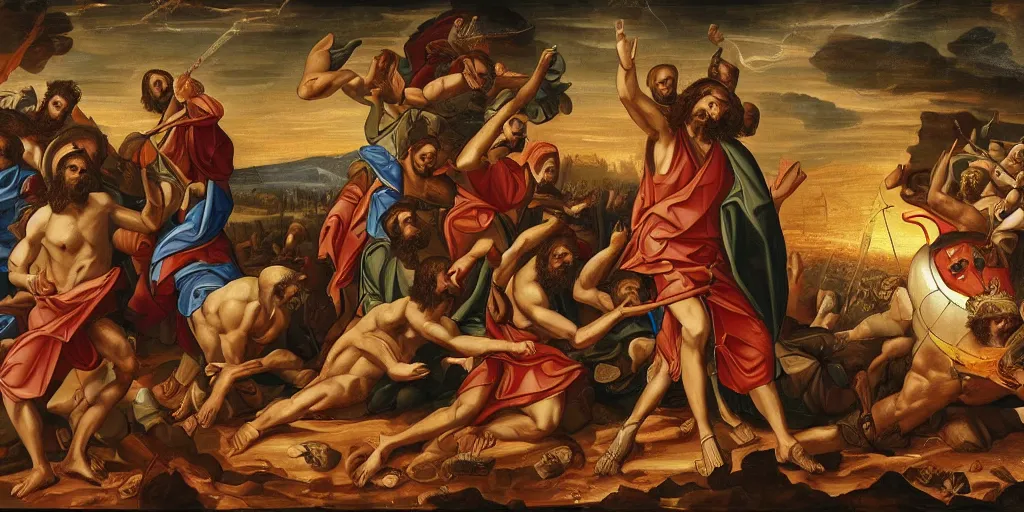 Image similar to a depiction of the battle between jesus as the son of god and allah as the lord of the worlds, during armageddon, highly detailed, artistic, 8 k, realistic