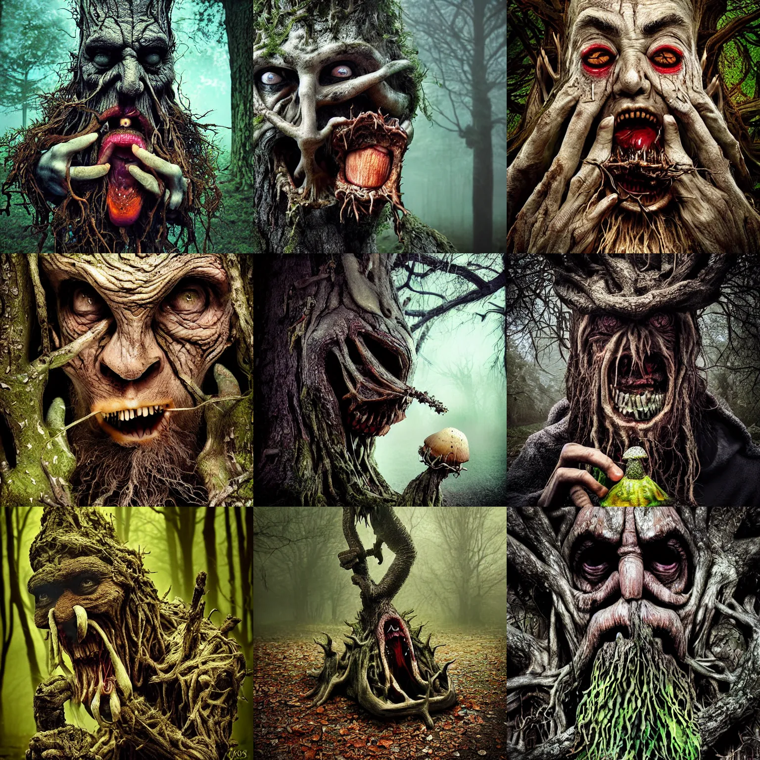 Prompt: creepy scary photograph of angry treebeard oak tree savagely stuffing amanita mushrooms into his gaping maw 🍄, dark fantasy horror, highly detailed, disturbing tortured face made of wood, oak tree ent, fog, eerie mist