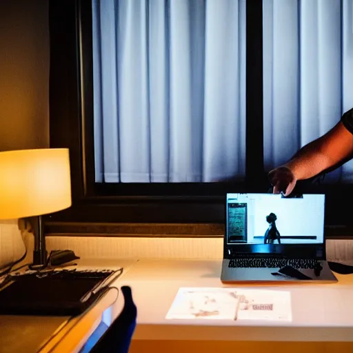 Prompt: Photo of a man alone in the dark on his computer in his hotel room