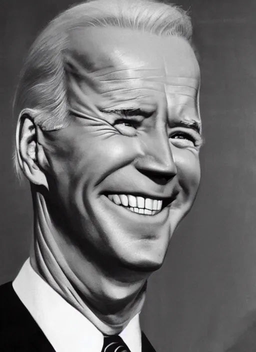 Image similar to first person perspective of joe biden staring directly at you ominously with a big scary smile, 1940s scare tactic propaganda art