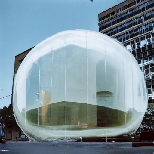 Image similar to giant inflatable bubbles emerging out of the facade of a 1960’s office building’s windows. Inside the bubbles is scaffold that holds a floor with furniture and people. The inflatable is made out of clear plastic sheeting. Ultrarealistic, vray, 8k, cinematic.