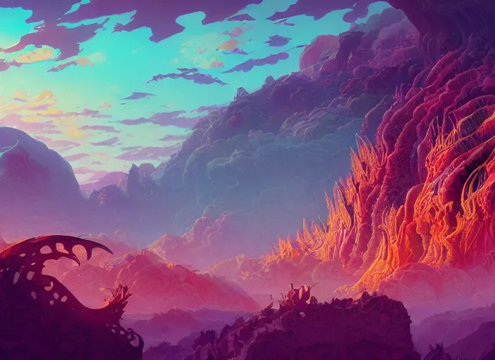 Image similar to psychedelic art of a landscape made of dragons, thousands of dragons, detailed, cel shaded, by makoto shinkai and moebius and anton fadeev and james gurney