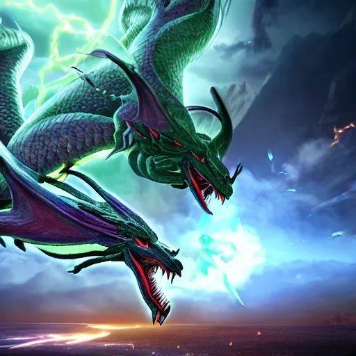 Prompt: shenron fighting bahamut, hyper realistic, cg animation, final fantasy, dragon ball z