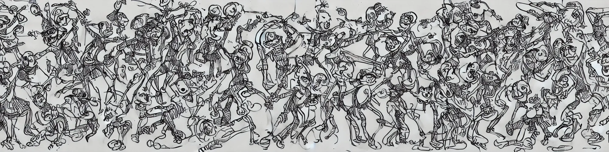 Image similar to a highly detailed line drawing of smurfs dance and long bones