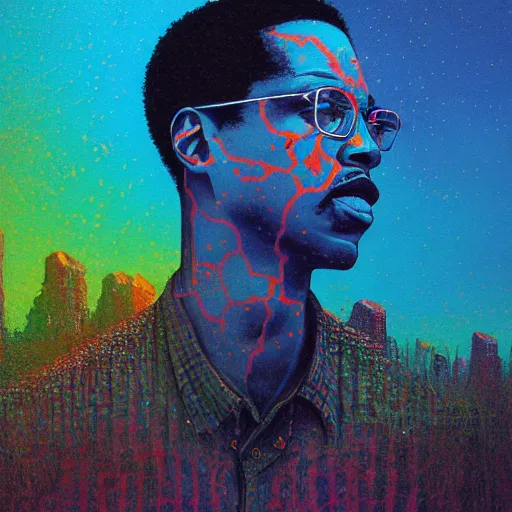 Image similar to figurative Malcom X portrait inspired in beksinski and dan mumford work, remixed with Simon Stalenhag work, sitting on the cosmic cloudscape, epic color palette, blue neon rain, cinematic shoot