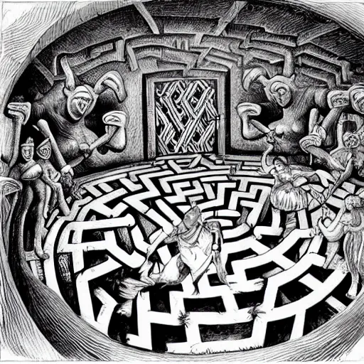 Image similar to andrew lloyd webber apprehensively enters the labyrinth of the minotaur, mc escher