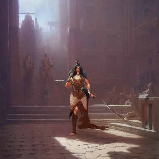 Prompt: a beautiful painting of a female warrior raiding an evil cult temple by jean - leon gerome and greg rutkowski, trending on artstation