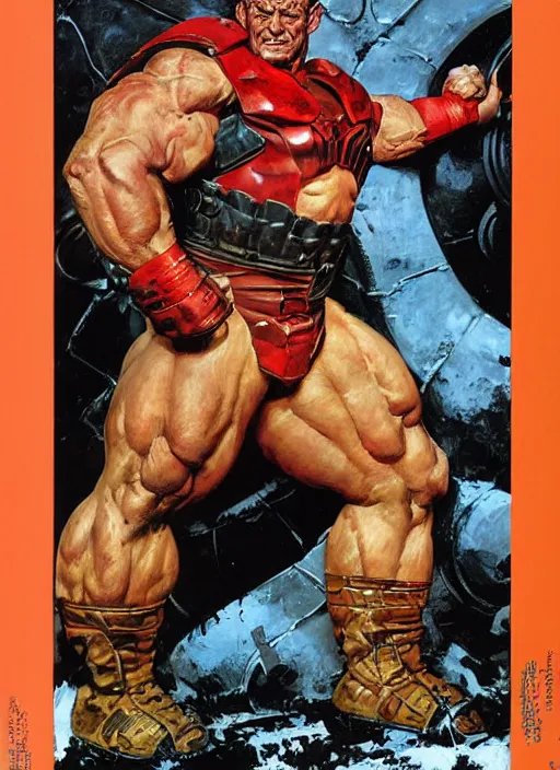 Image similar to full body and head portrait of huge mutant dorian yates as marvel's armoured juggernaut, dynamic action, painted by norman rockwell and phil hale and greg staples and tom lovell and frank schoonover and jack kirby