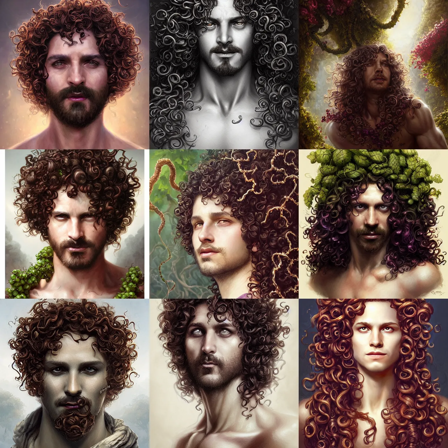 Prompt: dionysus, curly hair, vines, wine, d & d, fantasy, portrait, highly detailed, headshot, digital painting, trending on artstation, concept art, sharp focus, illustration, art by artgerm and greg rutkowski and magali villeneuve