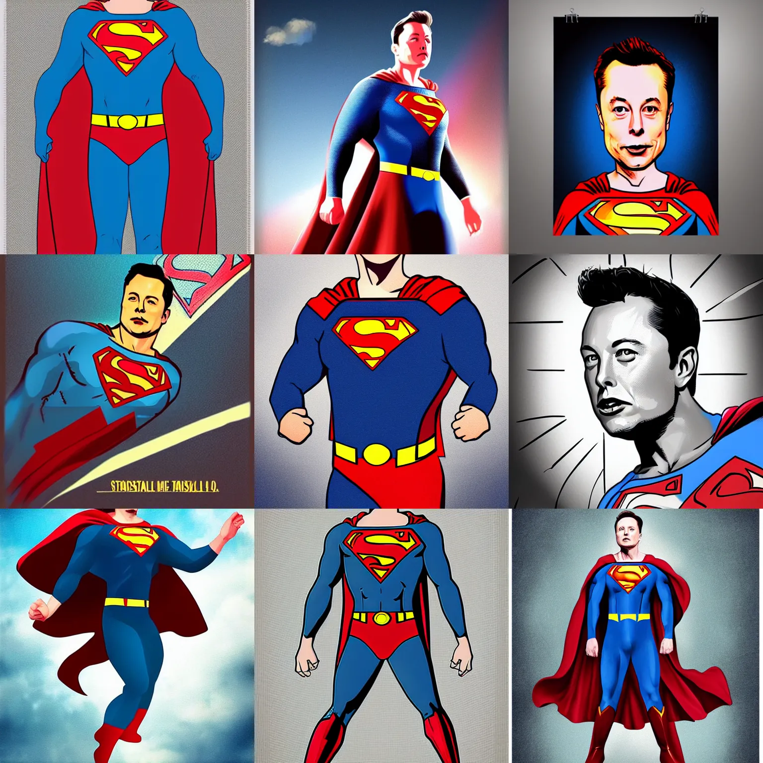 Prompt: “realistic illustration poster Elon musk as Superman”