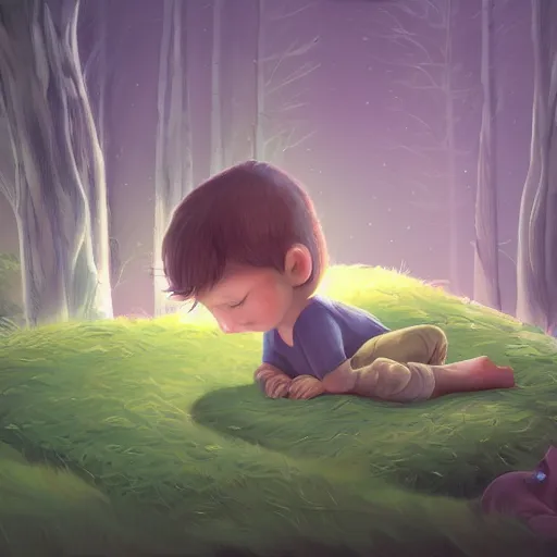 Prompt: beautiful illustration of a little boy on his bed dreaming about a beautiful green forest, intricate, elegant, glowing lights, highly detailed, digital painting, artstation, concept art, smooth, sharp focus, illustration