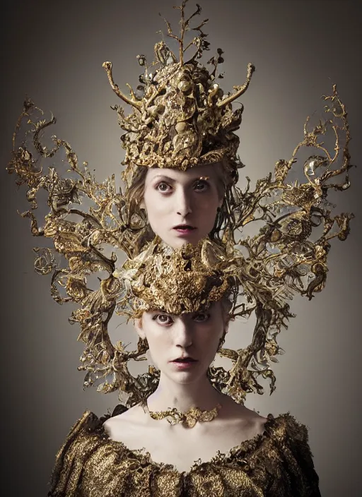 Prompt: a portrait of elizabeth cuthbert by stefan geselle and nekro borja, photorealistic, intricate details, hyper realistic, fantasy, elegant, baroque gold headpiece, photorealistic, canon r 3, photography, wide shot, symmetrical features, symmetrical pose, wide angle shot, head to toe, standing pose, feet on the ground, wearable art