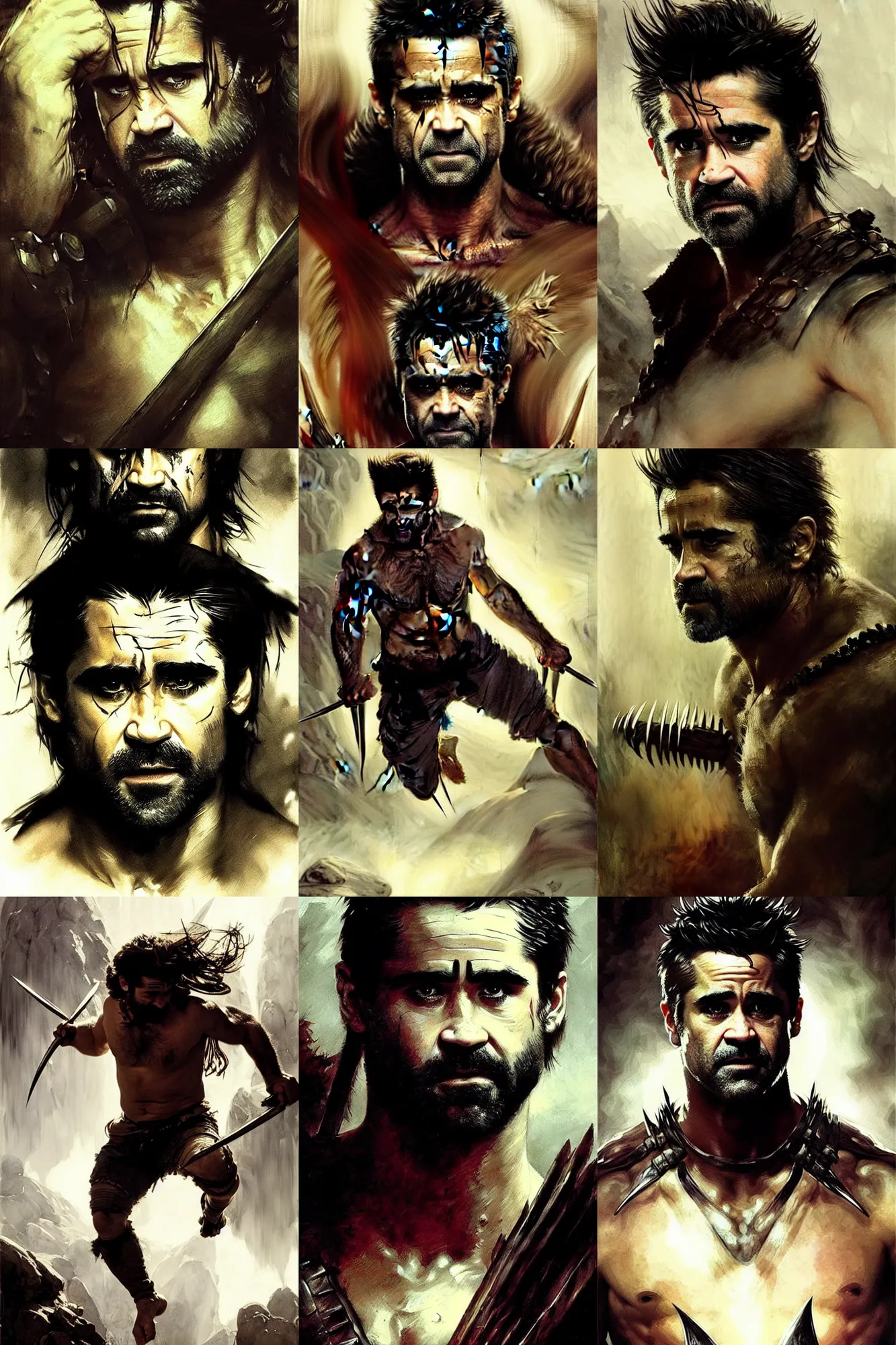 Prompt: colin farrell as berserker wolverine, detailed face, heavily detailed, art by anders zorn, wonderful masterpiece by greg rutkowski, beautiful cinematic light, american romanticism thomas lawrence, greg rutkowski